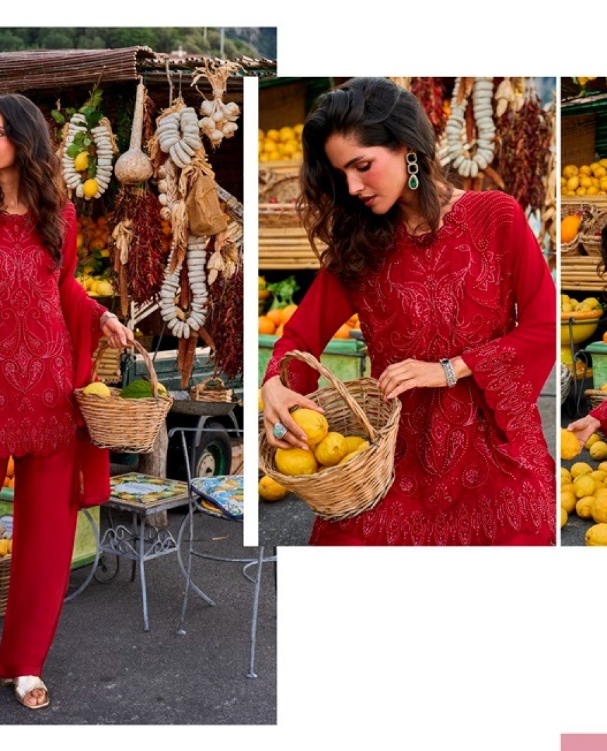 RED - Cherry Red Embroidered Georgette Designer Suit